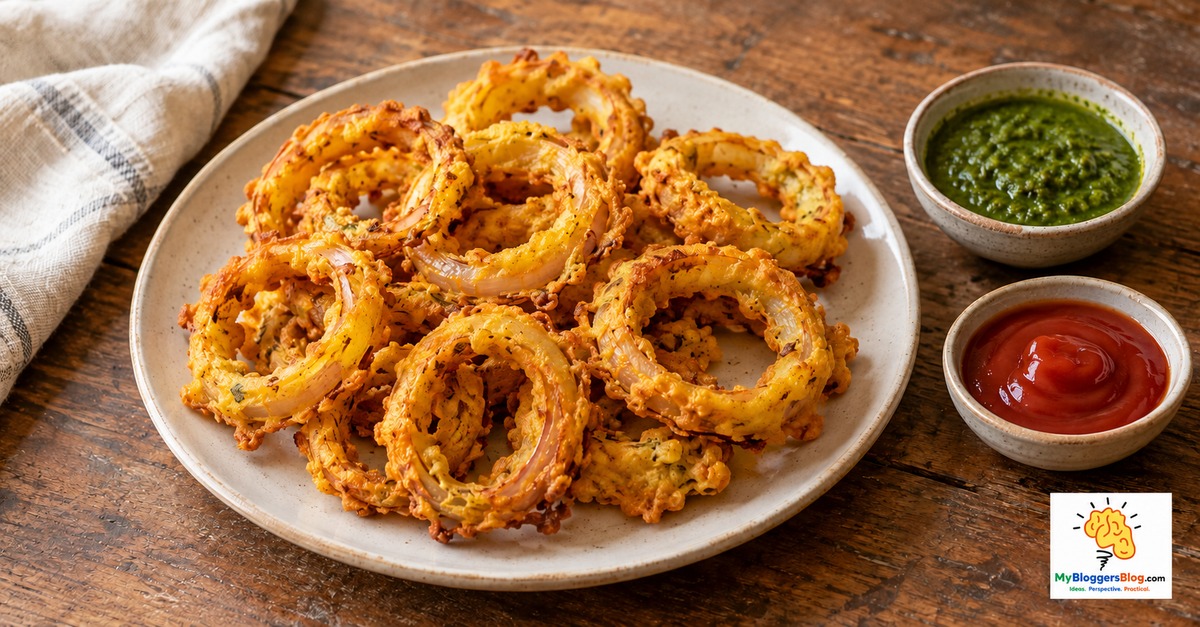 Gujarati-inspired besan onion rings with chutney and ketchup.